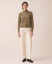 Kestrel Sleek Ribbed Half-Zip Mock Neck Sweater — Khaki