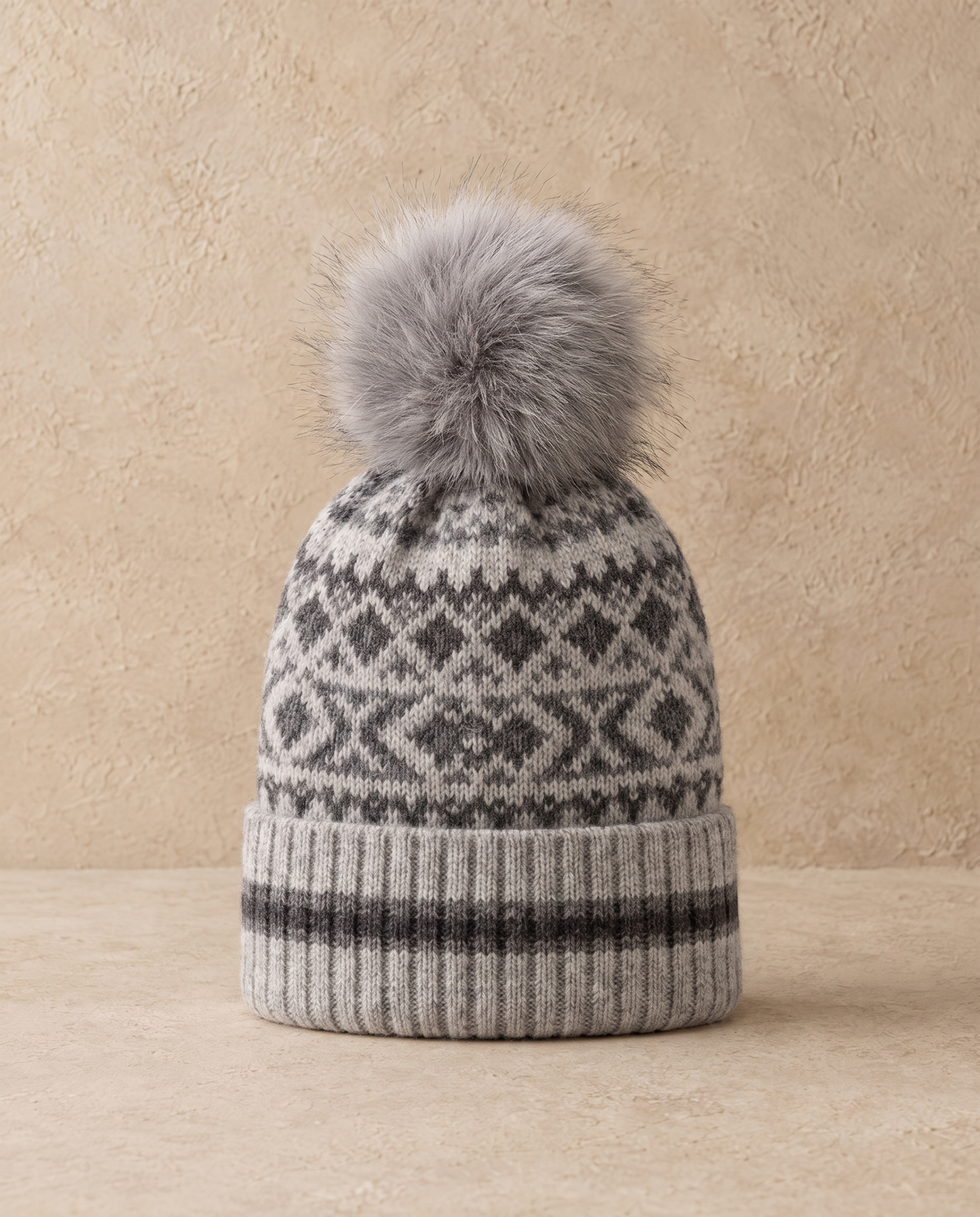 Cottage Warm Fair Isle Cashmere Pom-Pom Beanie — Gray