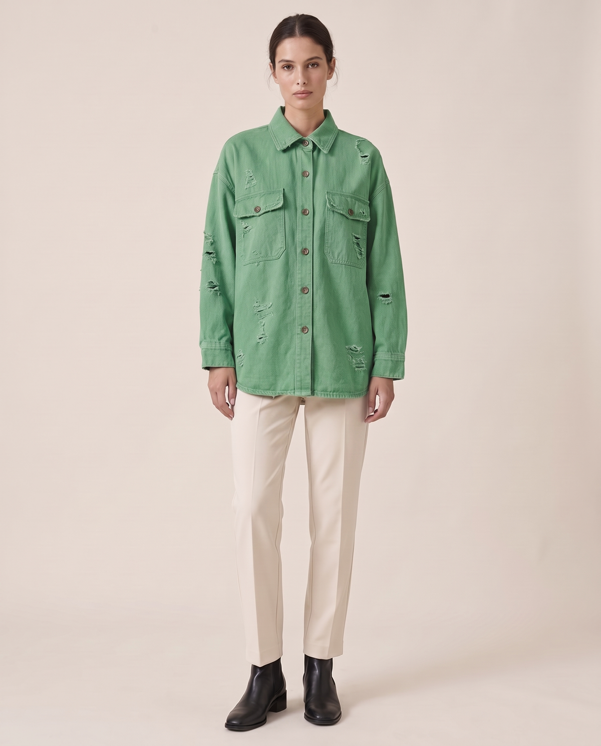 Distressed Shirt Jacket for Women — Green