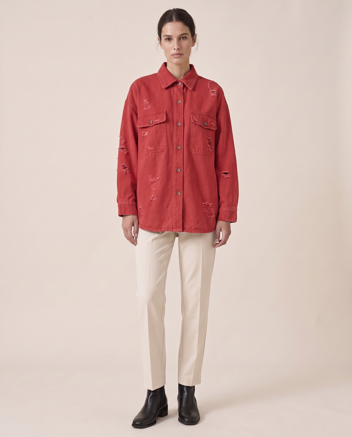Distressed Shirt Jacket for Women — Red