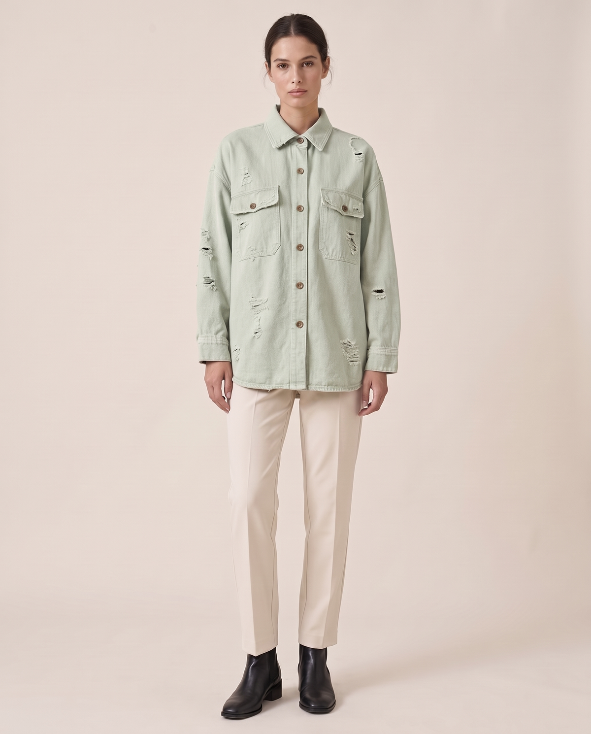 Distressed Shirt Jacket for Women — Light Green