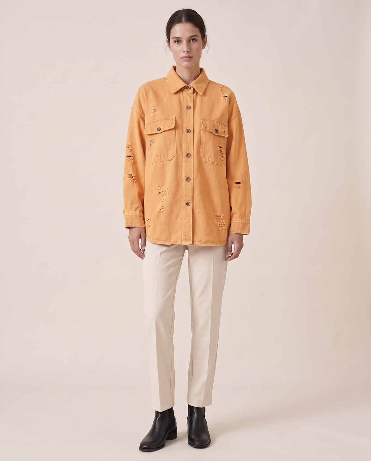 Distressed Shirt Jacket for Women — Orange