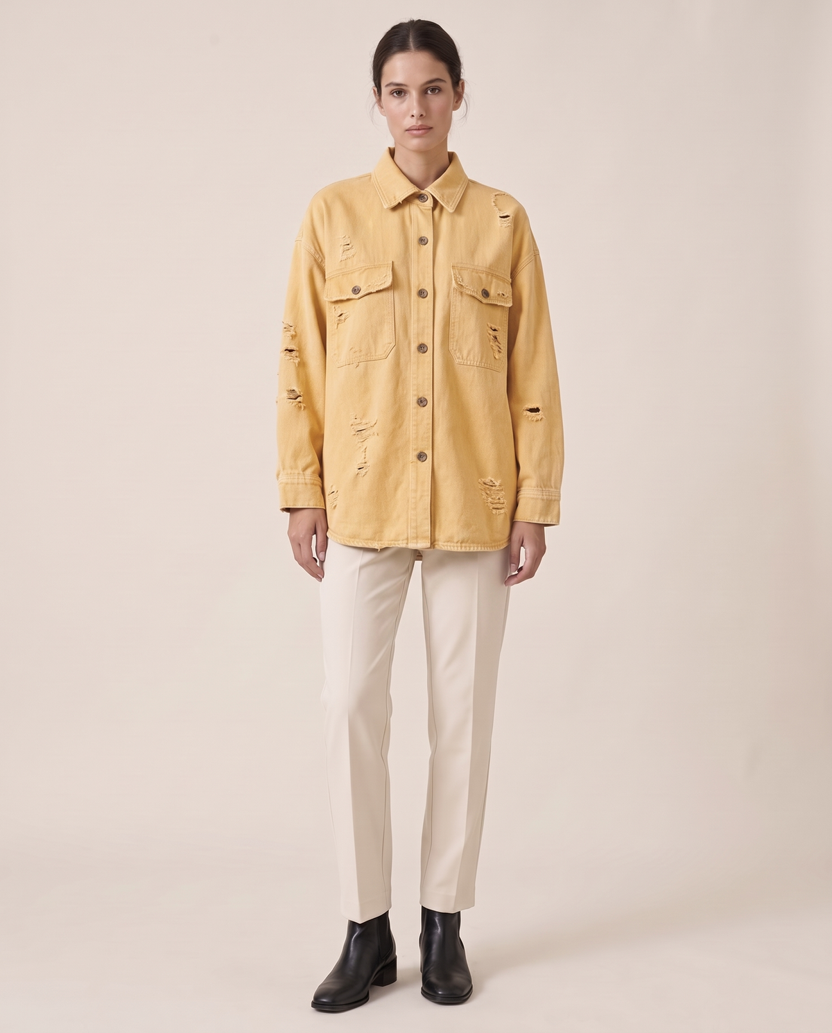 Distressed Shirt Jacket for Women — Yellow