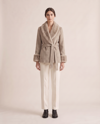 Wrap Coat with Removable Plush Collar — Khaki