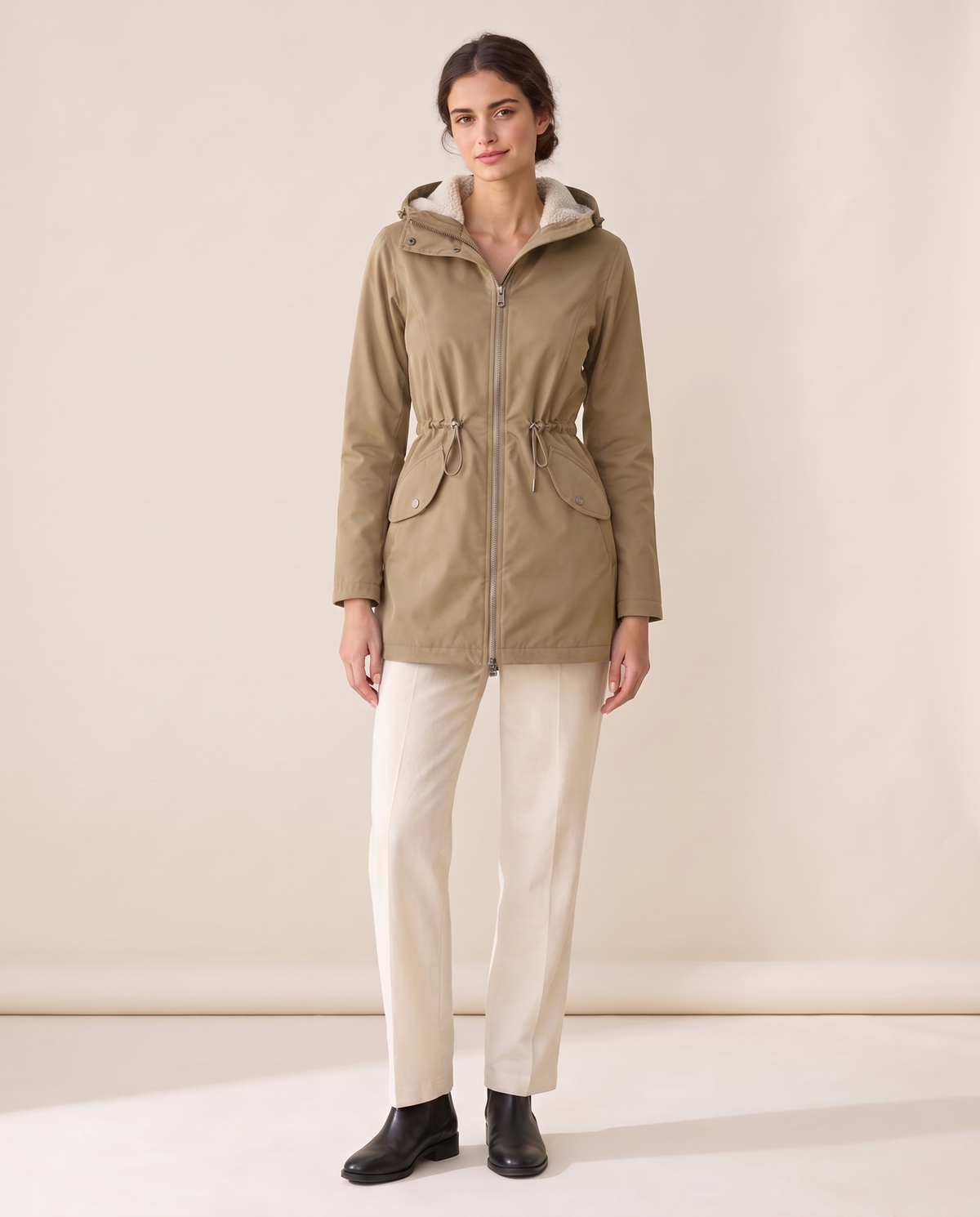 Fitted Waterproof Jacket with Sherpa Hood — Khaki