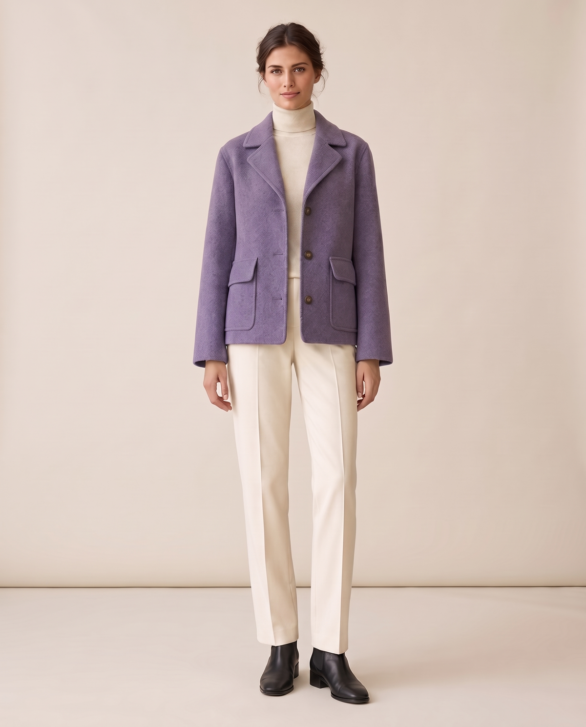 Short Wool-Blend Coat with Notched Collar — Purple