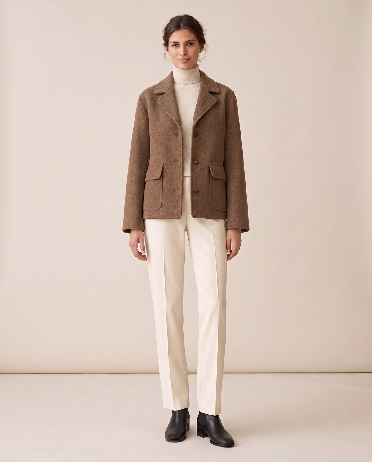 Short Wool-Blend Coat with Notched Collar — Coffee