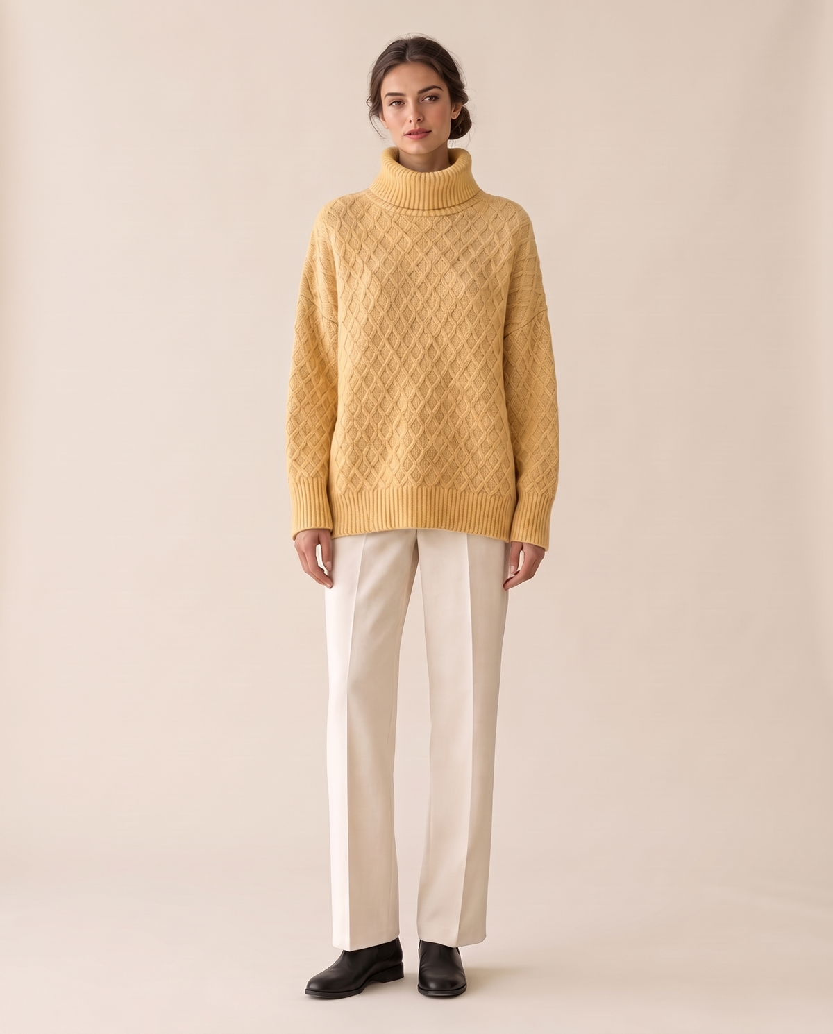 Fairfield Cozy Diamond Knit Oversized Turtleneck Sweater — Yellow