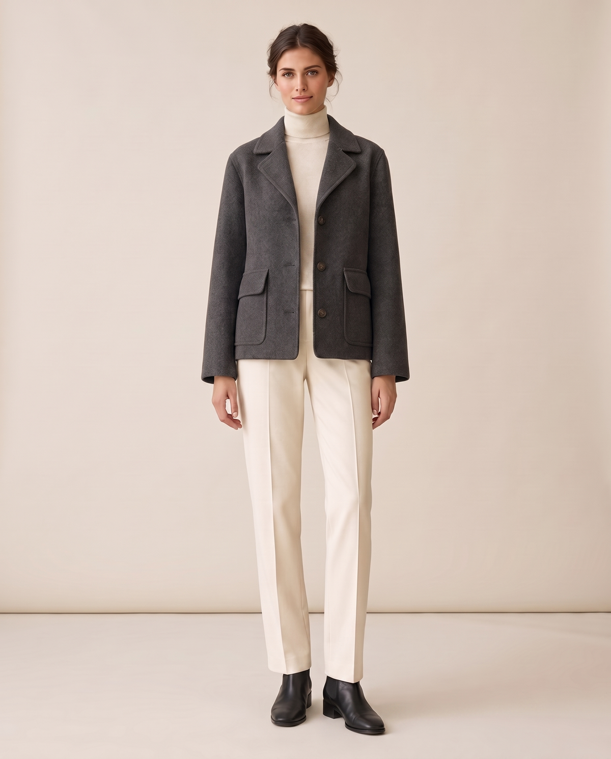 Short Wool-Blend Coat with Notched Collar — Dark Gray