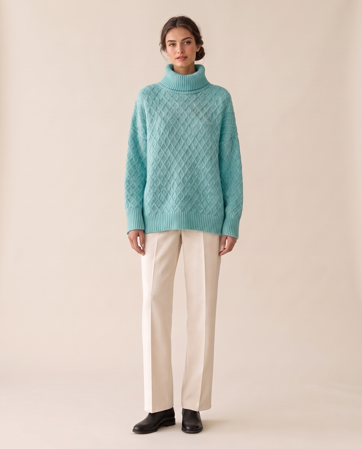Fairfield Cozy Diamond Knit Oversized Turtleneck Sweater — Turquoise