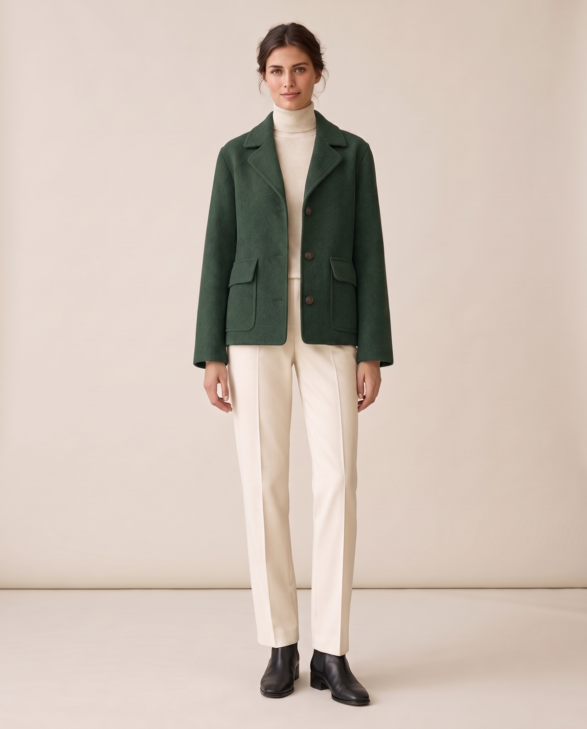 Short Wool-Blend Coat with Notched Collar — Green