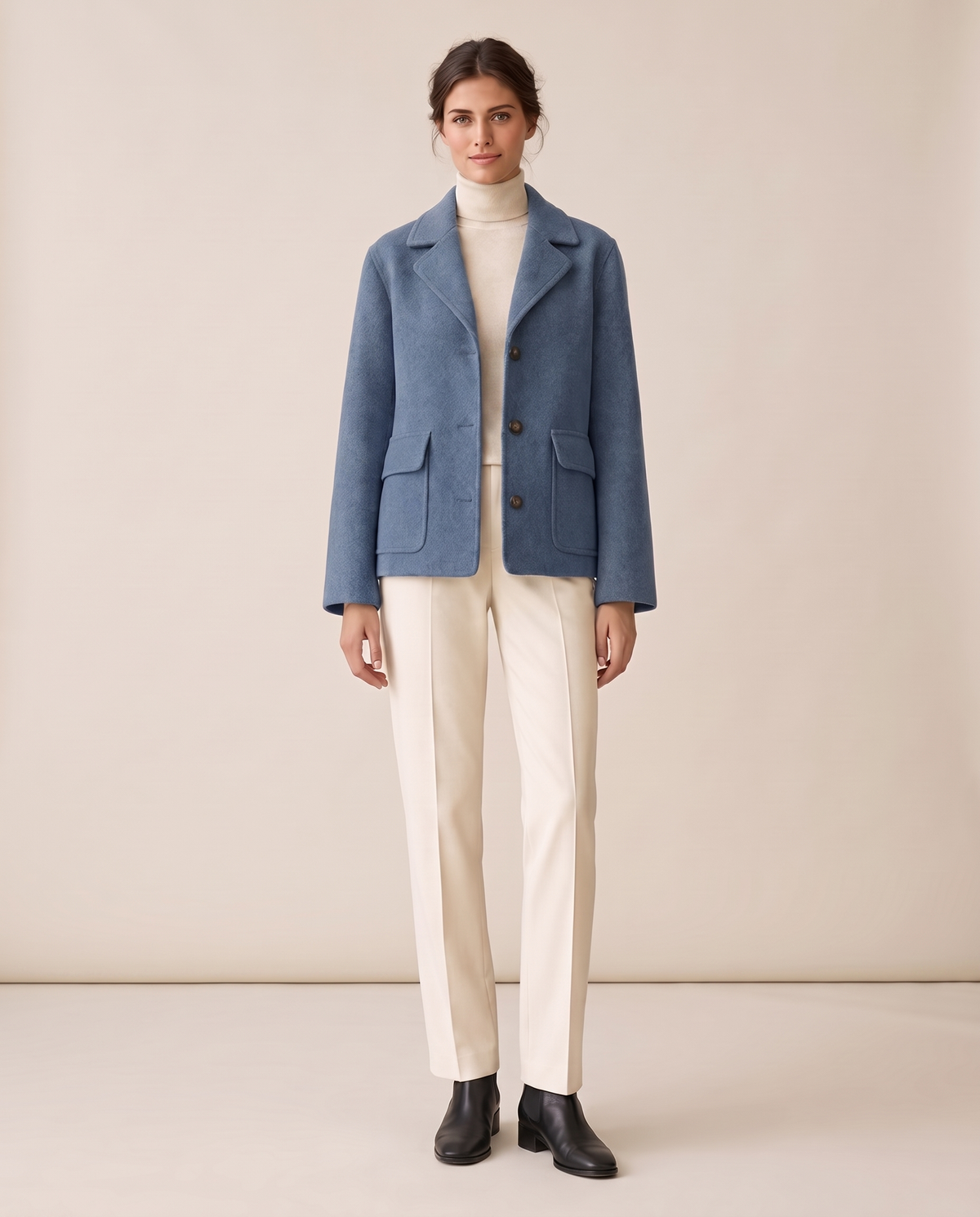 Short Wool-Blend Coat with Notched Collar — Blue