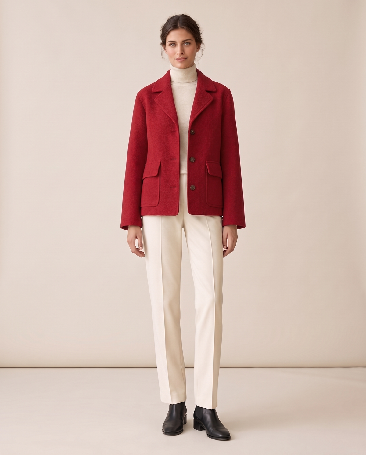 Short Wool-Blend Coat with Notched Collar — Red