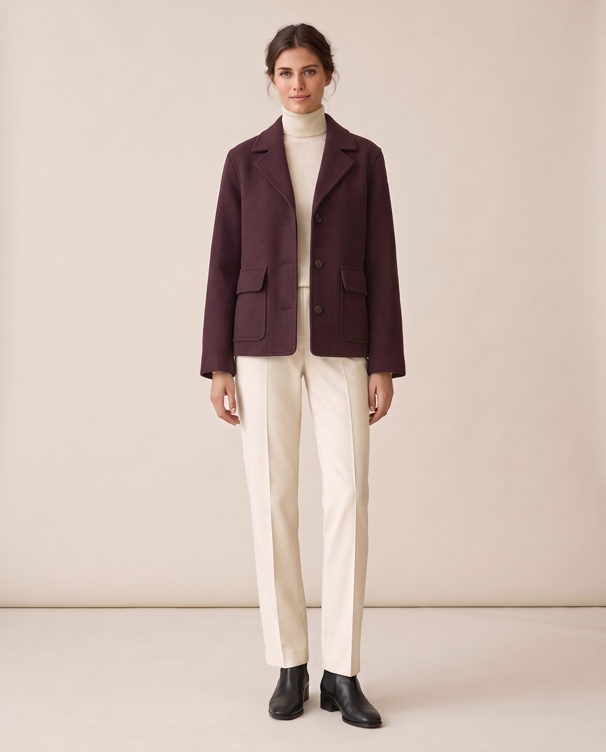 Short Wool-Blend Coat with Notched Collar — Plum