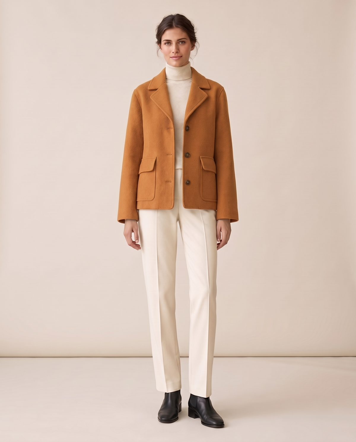 Short Wool-Blend Coat with Notched Collar — Ginger