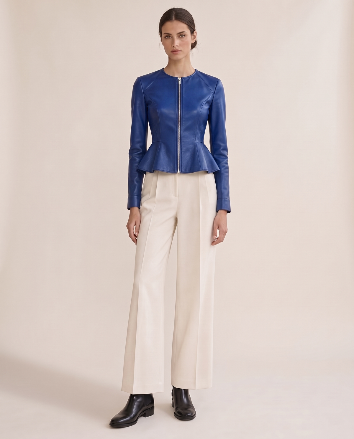 Cropped Fit-and-Flare Faux Leather Jacket — Royal Blue