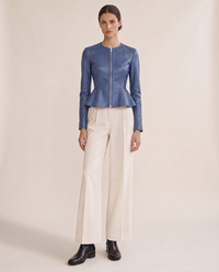Cropped Fit-and-Flare Faux Leather Jacket — Blue