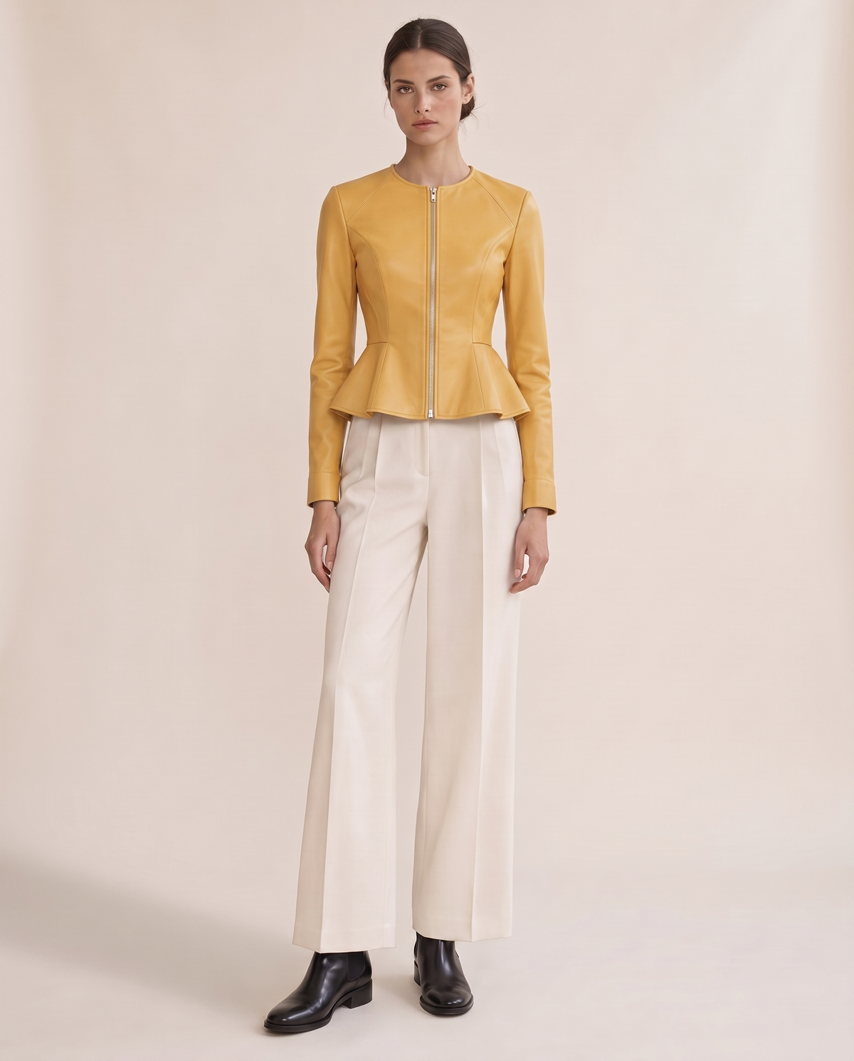 Cropped Fit-and-Flare Faux Leather Jacket — Yellow