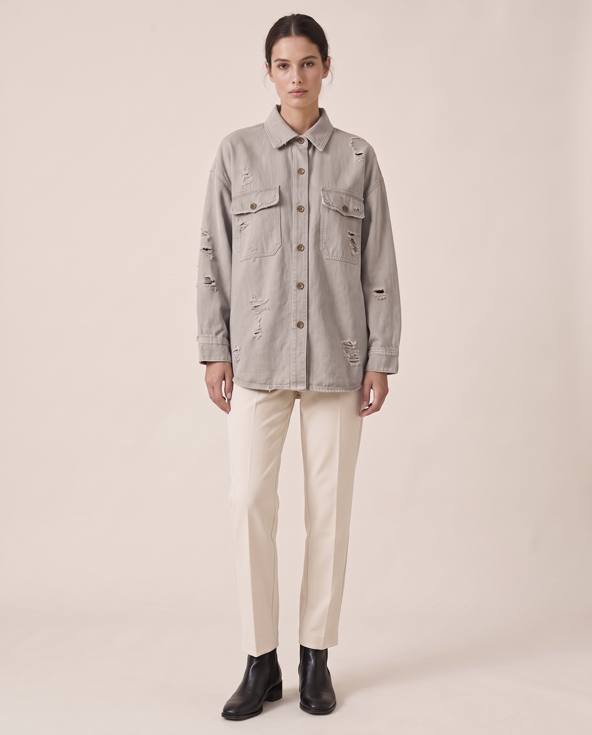 Distressed Shirt Jacket for Women — Gray