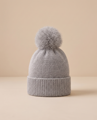 ONORA Gardenia Chic Cashmere Beanie with Pom-Pom — front view, Gray