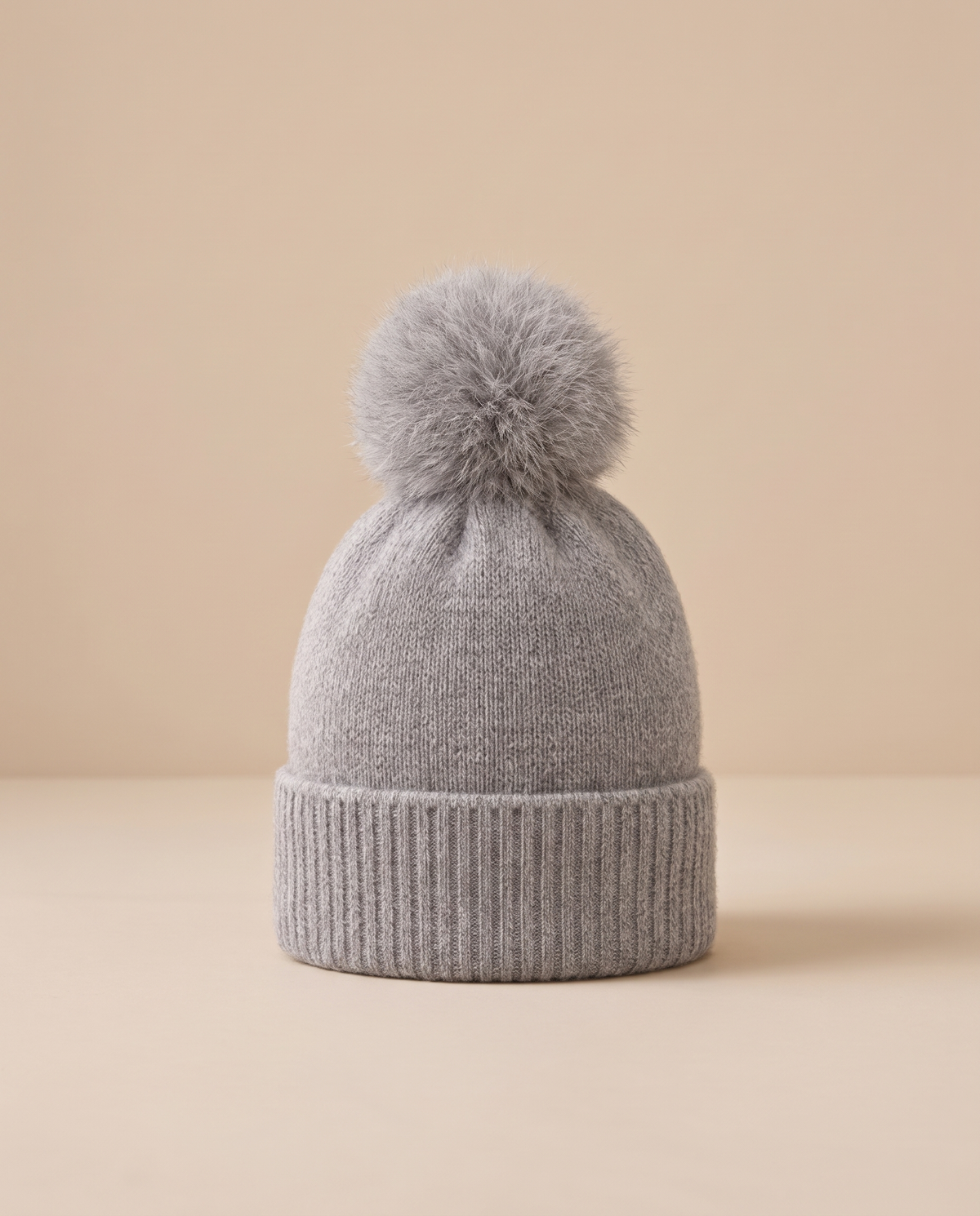 ONORA Gardenia Chic Cashmere Beanie with Pom-Pom — front view, Gray