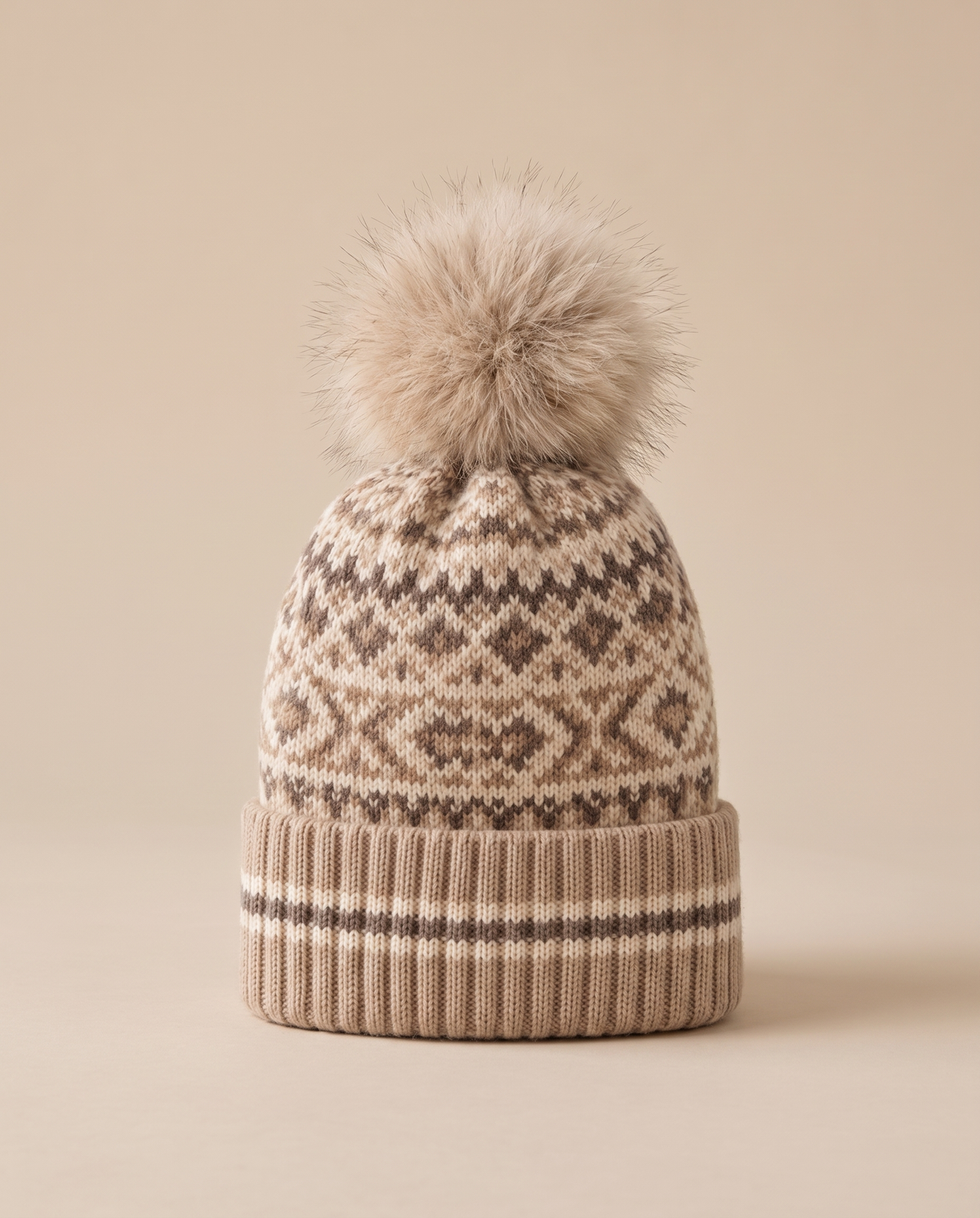 ONORA Cottage Warm Fair Isle Cashmere Pom-Pom Beanie — front view, Beige