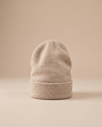 ONORA Pinecrest Relaxed Classic Cashmere Knit Beanie — front view, Beige