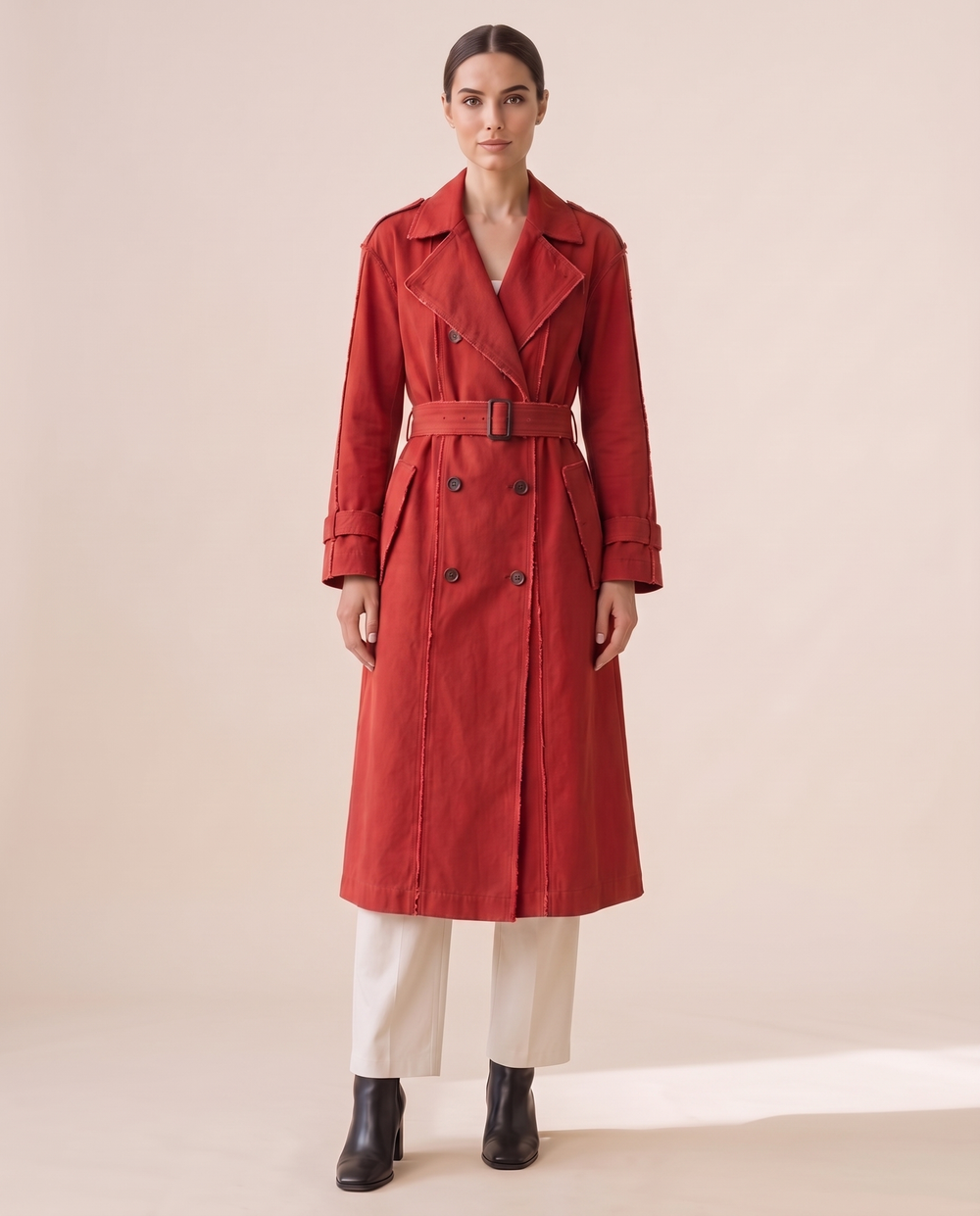 Long Red Trench Coat with Exposed Seams — studio front, belted