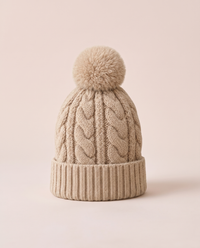 ONORA Fjord Cozy Hand-Knit Cable Cashmere Beanie — front view, Beige