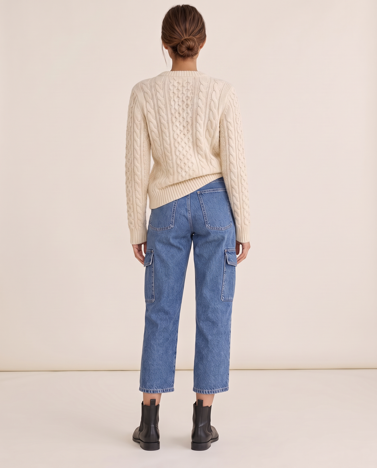 Blue cropped cargo jeans, back view