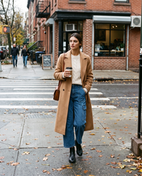 Woman in a camel coat and blue cropped cargo jeans walking out of a Brooklyn coffee shop with a coffee
