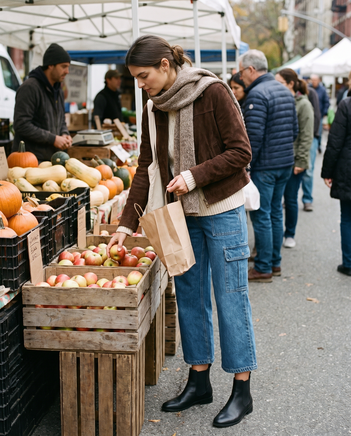 Woman in a suede jacket and blue cropped cargo jeans picking apples at an autumn farmers market