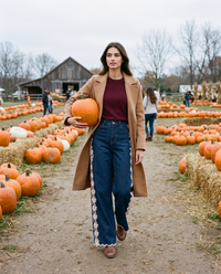 Lace-inset jeans worn with a camel coat while carrying a pumpkin