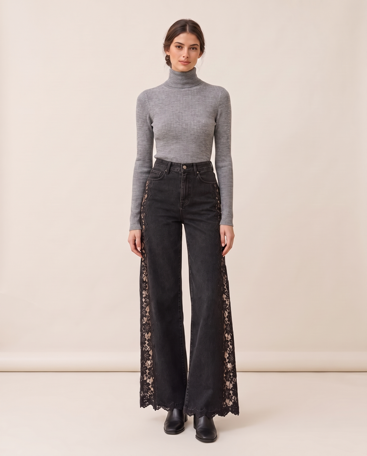 Black lace-inset wide-leg jeans with a grey turtleneck