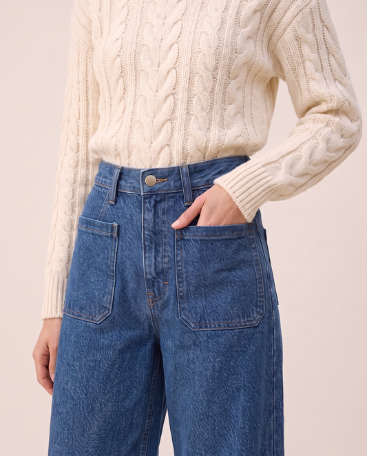 Georgia wide-leg jeans, front patch pocket detail with ivory cable-knit sweater