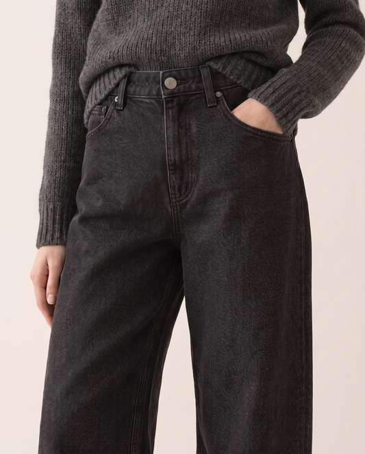 Sadie black wide-leg jeans, waist close-up with charcoal chunky sweater