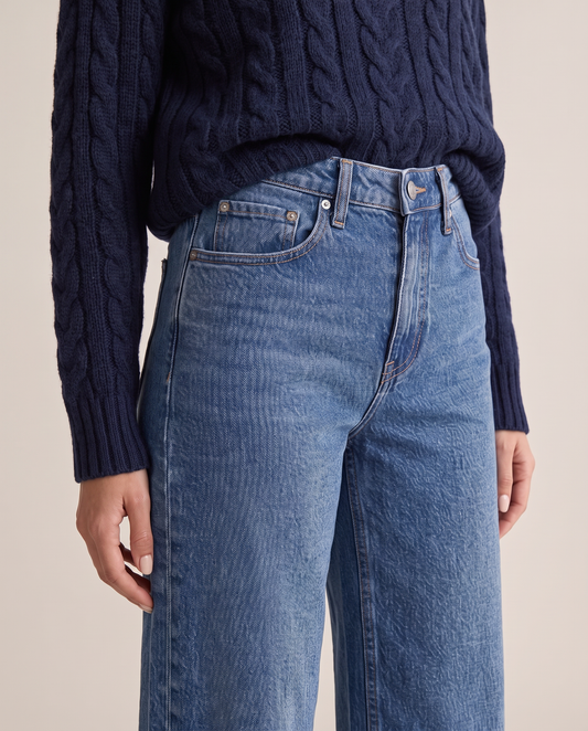 Ridgway Wide-Leg Jeans in medium blue, high-rise waist with navy cable knit