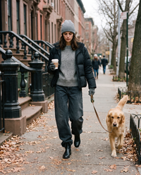 Kristin Baggy Jeans in black wash, walking a golden retriever on a brownstone street