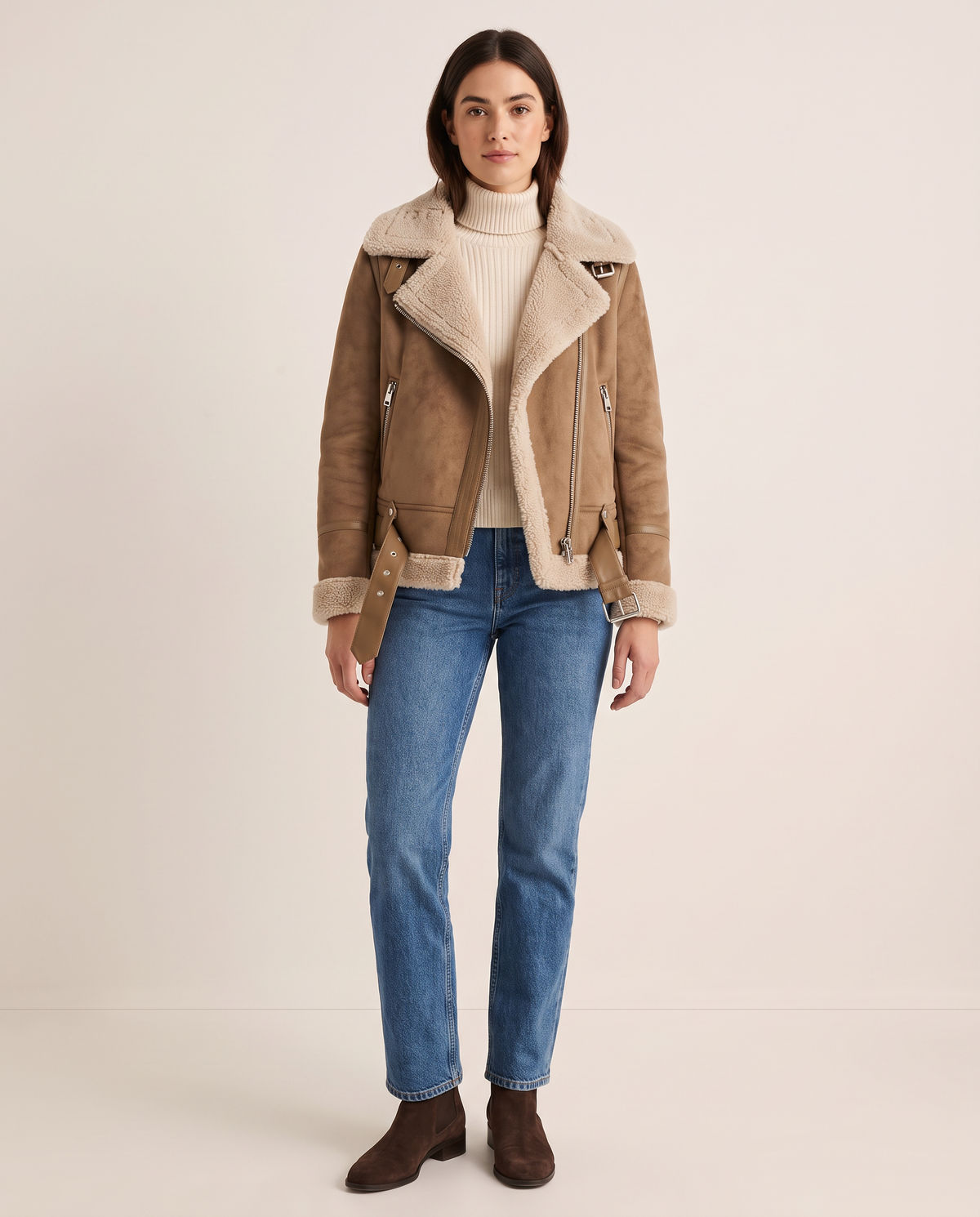 Sherpa-Lined Leather Jacket for Women — brown, studio front