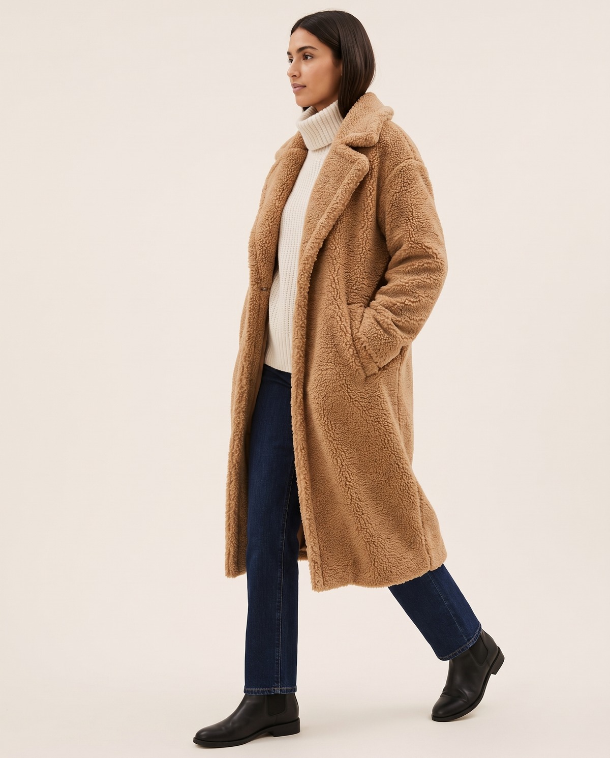 Long Teddy Coat for Women — side view walking, calf length