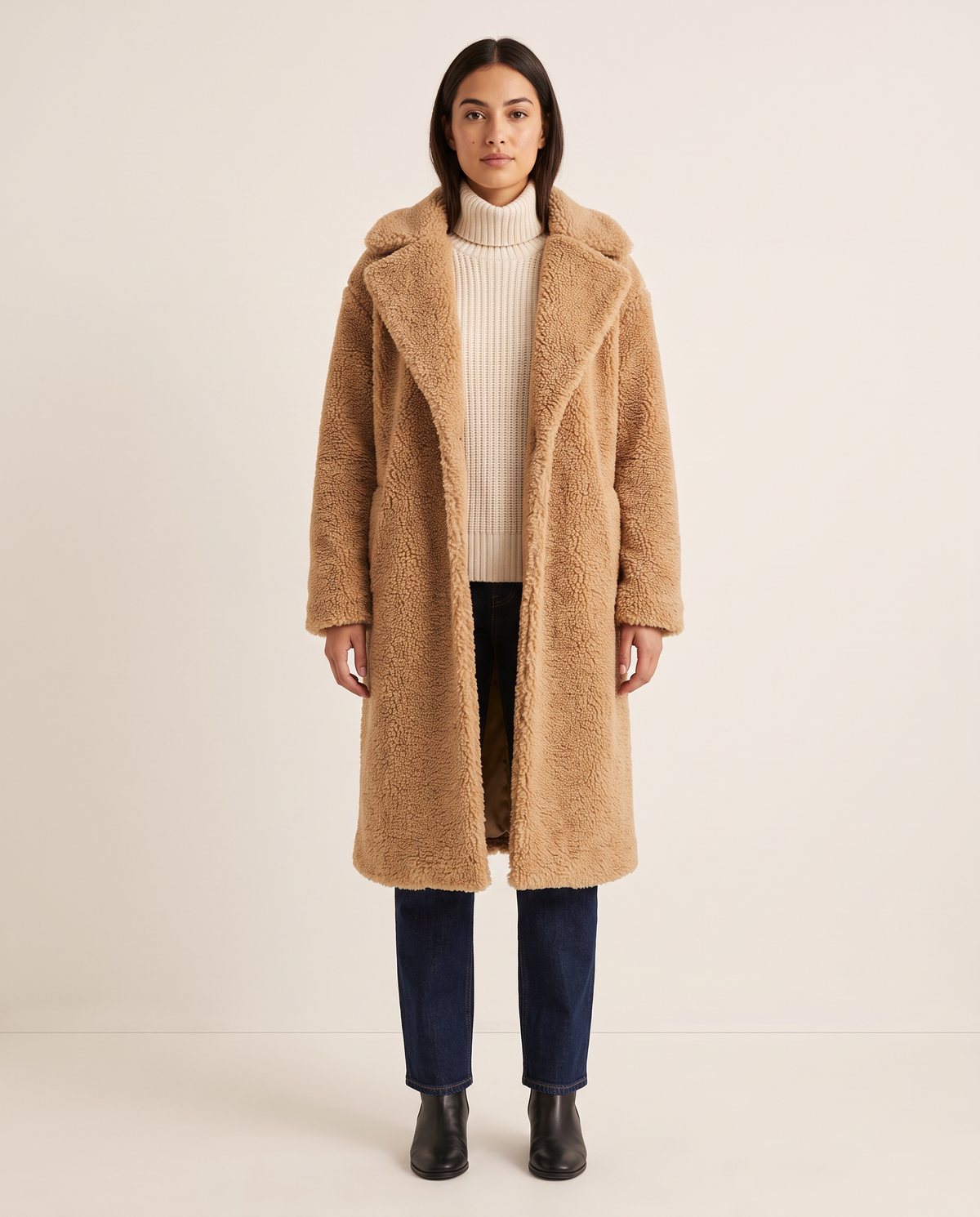 Long Teddy Coat for Women — studio front, camel