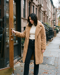 Long Teddy Coat for Women — arriving at a Brooklyn brunch spot in late autumn