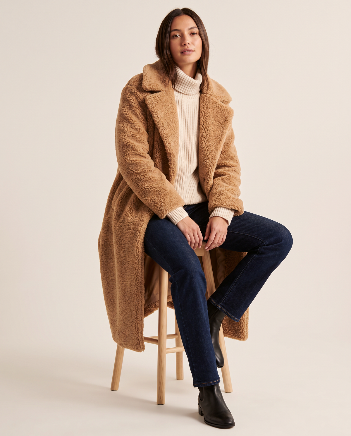 Long Teddy Coat for Women — worn seated