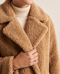 Long Teddy Coat for Women — notched lapel and faux shearling texture detail