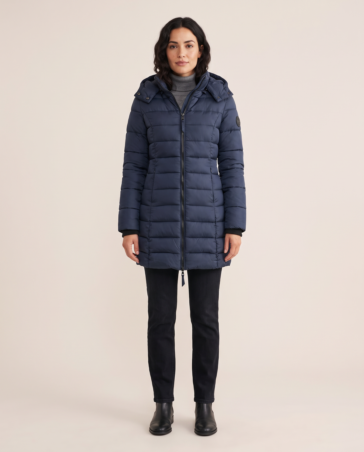 Hooded Down Puffer Jacket for Women — dark blue, studio front