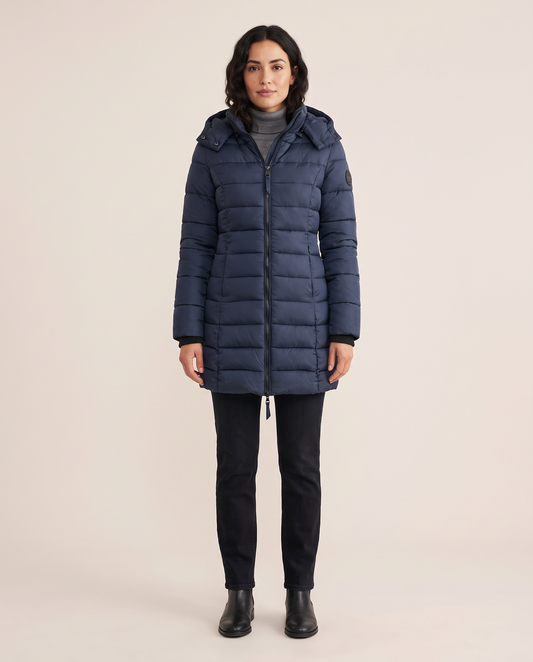 Hooded Down Puffer Jacket for Women — dark blue, studio front