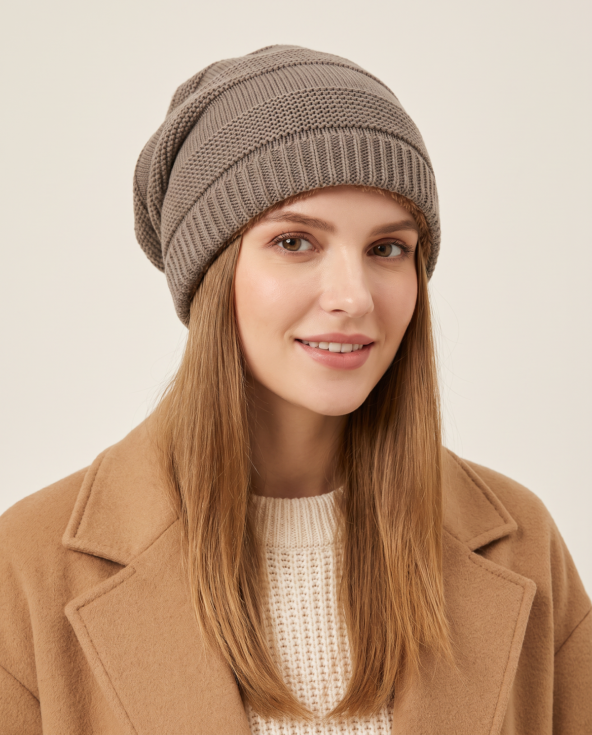 Fleece-Lined Knit Beanie for Women — khaki, studio front