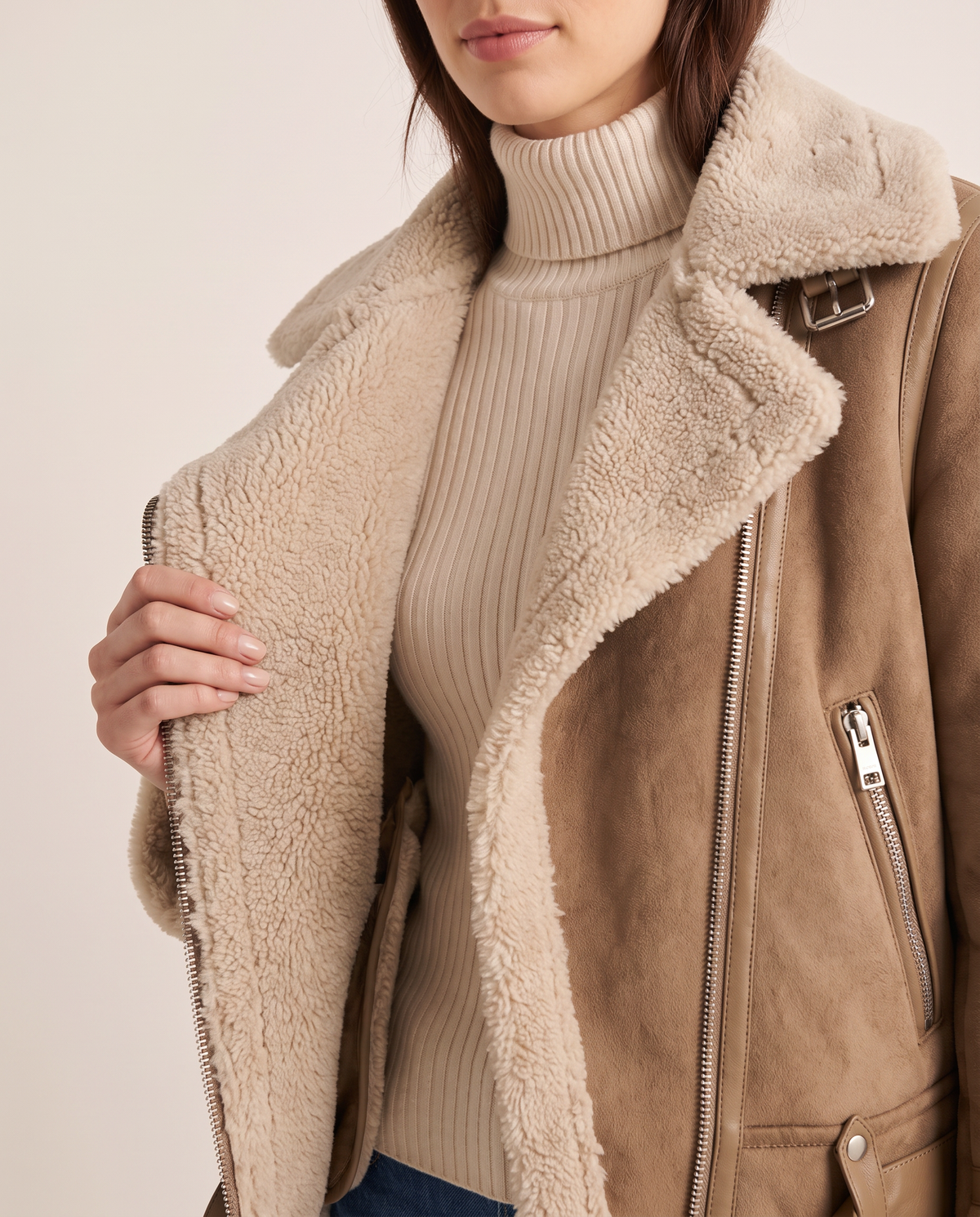 Sherpa-Lined Leather Jacket for Women — sherpa collar, lining and zip pocket detail