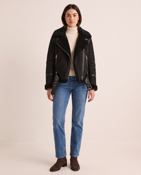 Sherpa-Lined Leather Jacket for Women — black, studio front