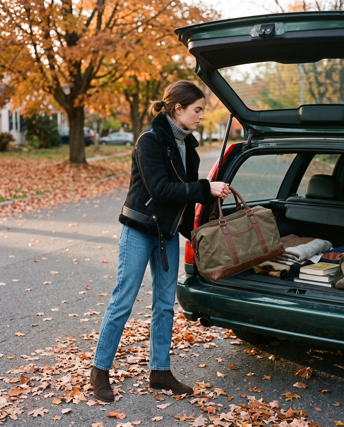 Sherpa-Lined Leather Jacket for Women — black, loading a car for a fall road trip